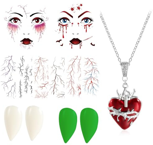 DPKOW Adult Vampire Teeth Fangs Halloween Face Stickers Blood Vessel Tattoos Necklace for Vampire Costume Accessories Halloween Outfits Accessories Carnival Cosplay Masquerade Fake Teeth Horror Props