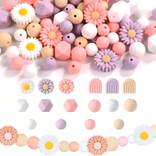 Duscdesp 112 Stück Silikonperlen Blumenperlen Set, Rubber Lose Gänseblümchen Regenbogen farben Silikon Perlen Bulk mit Nylonseil für DIY Fädelperlen, Schlüsselanhänger Basteln, Armband (Hellrosa)