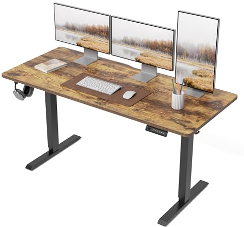 Cubiker Electric Standing Desk 140 x 60 cm, Height Adjustable Sit Stand Desk with Memory Presets, Home Office Computer Desk, Black Frame with Vintage Brown Top