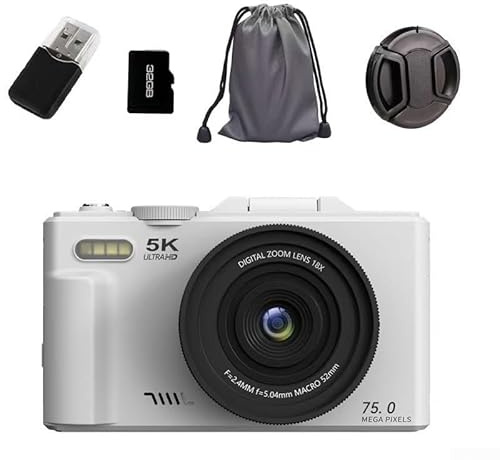 Appareil photo numérique HD 5K avec capteur 75 mp, zoom 18x, autofocus de 7,6 cm, écran rabattable de 7,6 cm et connectivité Wi-Fi pour les voyages et le vlogging (blanc 32 Go)