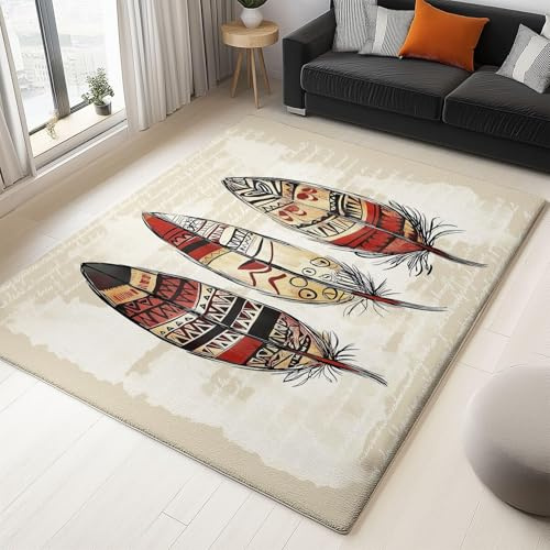 UUZEAI Teppich Azteken Wohnzimmer Indianer Retro Feder Muster Großer Bodenteppich rutschfest Waschbar für Esszimmer Schlafzimmer, Khaki(100x120cm)