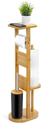 Relquorax Toilettenpapierhalter stehend Klopapierhalter Badmöbel Set WC Bürstengarnitur Klorollenhalter aus Bambus, mit Klobürste für Toiletten Badezimmer (Natur)