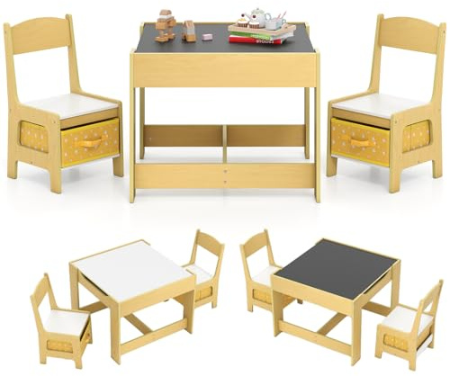 GOPLUS 3tlg. Kindersitzgruppe, Kindertisch mit 2 Stühlen, Kinderschreibtisch Holz mit Stauraum, 3 in 1 Kindermöbel Set, Maltisch, Aktivitätstisch, Tafeltisch für Kleinkinder von 3-7 Jahren (Gelb)