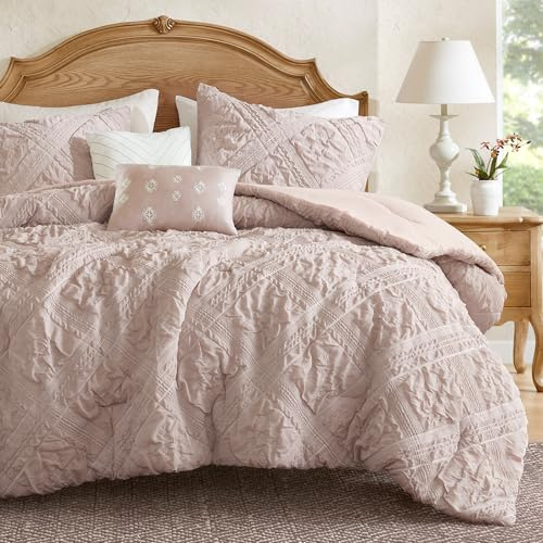 Madison Park Shabby Chic Comforter Set 5-Piece Queen Size, Puffy Seersucker Textured Grid Pattern Boho Bedding, Dusty Pink Plaid Comforter with 2 Shams & 2 Decorative Pillows