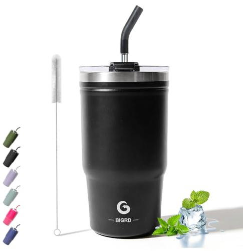 BIGRD 20oz Insulated Coffee Cup Travel Mug with Straw and Lid 591ml,Leak Proof Stainless Steel Office Water Bottle Keeps Cold and Hot for 8 Hours,Black