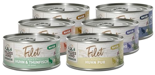 Wildes Land Filet Mixpaket 12 x 80g | Nassfutter für Katzen | getreidefrei | hoher Filetanteil | Huhn, Ente, Lachs & Thunfisch | ohne Zucker & Zusatzstoffe