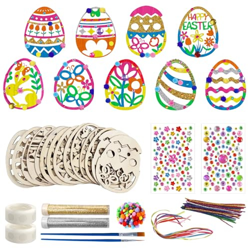 Scinzene Ostern Basteln Set, Ostereier zum Bemalen mit 36 Holzanhängern, Holzbastelsets mit Pompons Glitzer Sticker uvm, Osterdekoration für Familien Basteln Ostern, Ideal für Familienaktivitäten