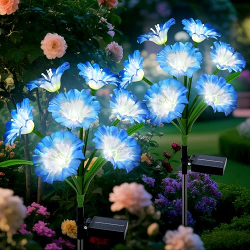 Qoosea Luces Solares Flores Jardín Exterior, 2 Piezas LED Luz Solar de Flores, Lámparas Solares Decorativa IP65 Impermeable, Decoración para Patio Césped Boda Fiestas Navidad