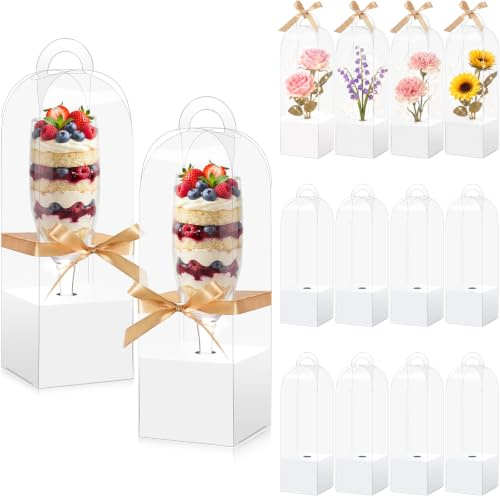 Kolldenn 12 Pieces Clear Cake Box Wine Glass Gift Box Tall Cake Carrier with Handle Tall Tumbler Storage with Window 11 x 3.15 Inch for 16oz 12oz Wine Bottle Cup for Birthday Present Packaging (White)