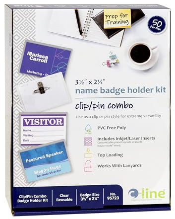 C-Line Namensschilder-Set mit Einsätzen, Top-Load, 8,9 cm x 5,4 cm, transparent, Combo-Clip/Pin, Box mit 50 Stück (95723), weiß