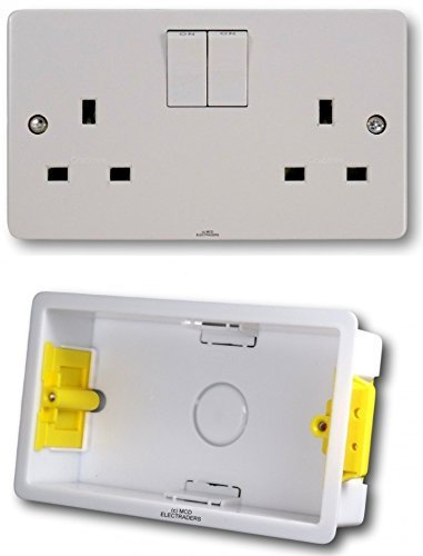 2 Gang Double 13 Amp Switched Plug Socket with Flush Dry Lining Plasterboard Flush Wall Box