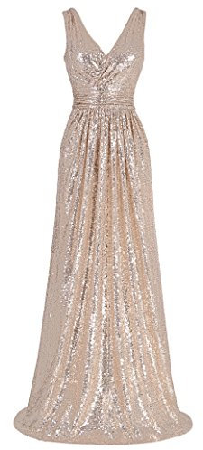 Kate Kasin Femme Robe Vintage Longue Cintree en Col V Robe Paillette Or Rose Taille 34 KK199-2