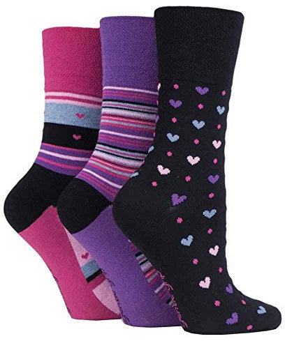 3 Pairs Ladies Black Pink Purple Hearts Stripes Gentle Grip Socks, UK Size 4-8