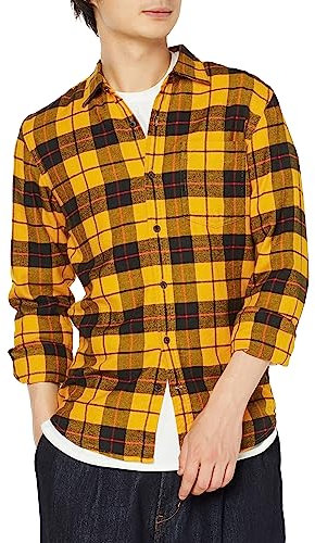 Amazon Essentials Chemise Ajustée en Flanelle à Carreaux avec Boutons et Manches Longues Homme, Noir Jaune Écossais, S