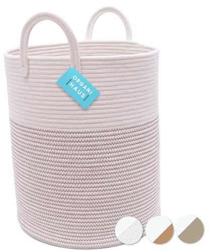 OrganiHaus Paniers Rangement Tissés, Grand Panier Jouets -Panier Rangement Bébés Cordes Coton avec Poignées -Panier Rangement Salle de Bain -Panier de Rangement Couvertures, Marron à Points(38x45cm)
