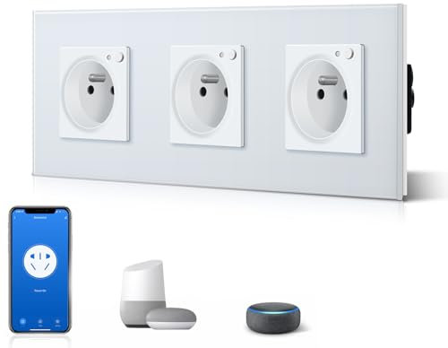 BSEED Prise Murale Connectée, Prise Electrique Intelligente Compatible avec Alexa/Google Home/Tuya APP, Contrôle Vocal, Prises de courant Wifi 16 Amp 240V 86 * 228mm Blanc (Ligne Neutre Requise)