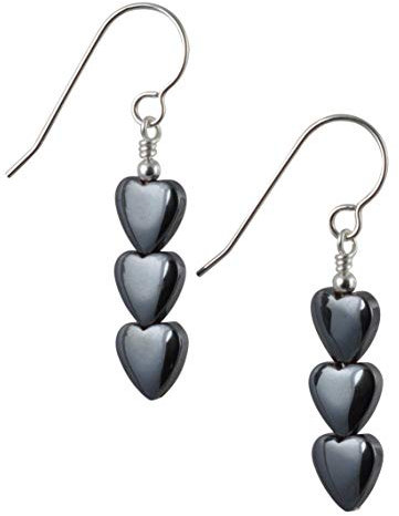 Small Haematite Heart Gemstone & Sterling Silver Drop Earrings + Gift Box