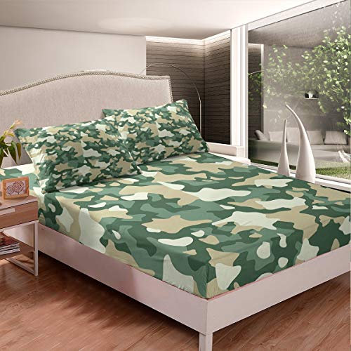 Loussiesd Tarnmuster Drucken Spannbetttuch 90x200cm 2 Stück ArmyGreen Camo versteckt Bettlaken Set Tarnen Spannbetttuch mit 1 Kissenbezug Komfortable Polyester für Kinder Jungen M?dchen