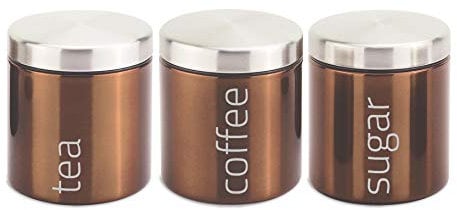 SQ Professional Stainless Steel Tea Coffee Sugar Canisters Sets of 3 Tea Caddy Sets for the Kitchen Storage Pots Jars Tea and Sugar Containers Copper (Axinite)