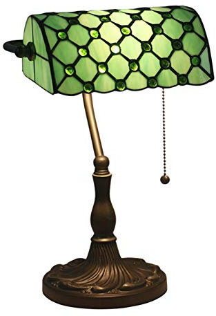 HKLY Retro Tiffany Lampen Schreibtischlampen, Antik Bankerlampe Aus Messing Mit Glasschirm Und Zugschalter, Vintage Nachttischlampe Tischlampe, Bürolampe, Bibliothekslampe E27 Max. 40W,Grün