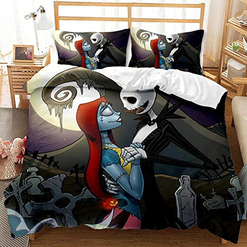 Nightmare Before Christmas Bettbezug-Set, Halloween-Bettwäsche, 3-Teiliges Bettwäsche-Set Mit1/ 2 Kissenbezügen, Mikrofaser, Bequem und Weich (Halloween 2,200 x 200 cm)