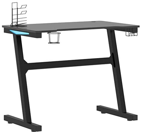 vidaXL LED Gaming Desk with Z Shape Legs, Ergonomic Design, Built-in Accessory Holders, Easy Assembly, Ideal for Gamers - Black, 90x60x75 cm