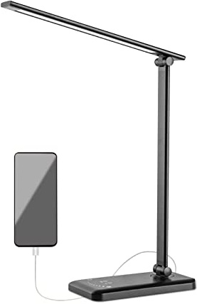 Ergocar Schreibtischlampe, LED Dimmbare Tischleuchte mit USB-Ladeanschluss, 5 Farb und 10 Helligkeitsstufen, Schwenkarm, Touch-Bedienung, 30/60 min Auto Timer, Augenschonende Bedside Lamp