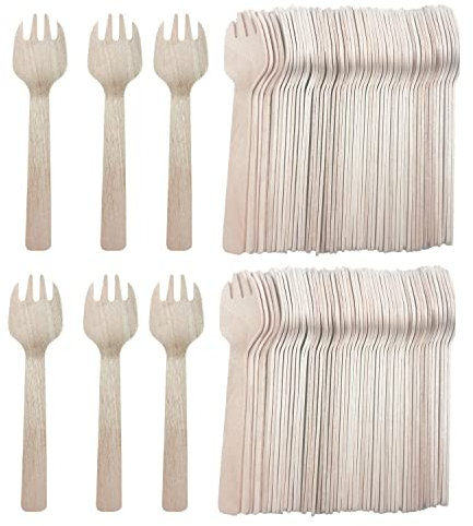 200 Piezas Tenedores Desechables, 10,5 cm Cubiertos Desechables, 100% Naturales Material, Apilable, Biodegradable Cubiertos Madera Adecuado para Pasteles Frutas Ensaladas Postres Fiesta Camping Boda