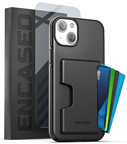 Encased Shockproof Wallet Case Designed for iPhone 14 Plus with Card Holder and Screen Protector (4 Credit Cards/IDs) - Black