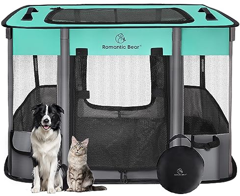 ROMANTIC BEAR Laufgitter für Hunde und Katzen, faltbar, tragbar, wasserdicht, atmungsaktiv, Schattenabdeckung, für drinnen und draußen, Reisen, Camping, für kleine Tiere, mit Tragetasche (Grün, M)