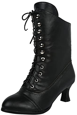 Stivali da donna con lacci a metà polpaccio da donna, larghi, stile gotico, steampunk, con tacco, Nero , 40 EU