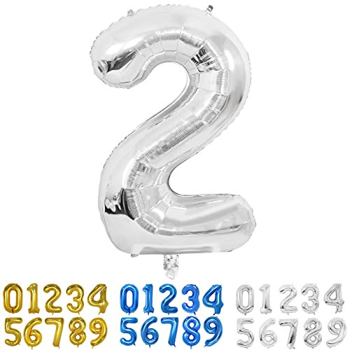 Luftballon 2. Geburtstag Zahlen Luftballon, Silber Folienballon in 40 - 100cm Geburtstag Zahlen Luftballon 2 Jahre Geburtstagsdeko Zahlenballons für Kinder Junge 2. Geburtstagsparty Deko