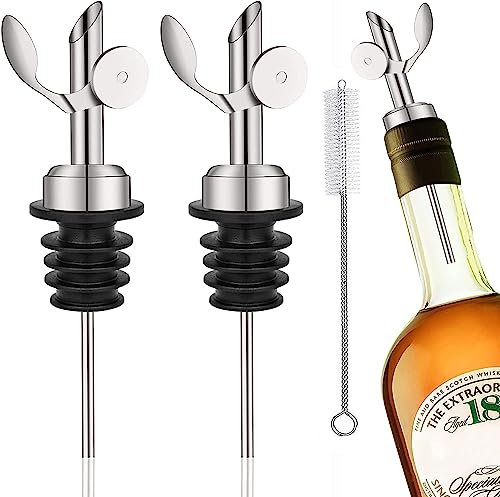 WAFJAMF 2 Pcs Weighted Stainless Steel Bottle Pourers, Self Closing Olive Oil Dispenser Spout, Auto Flip Feature Liquor Pour Spouts for Pours Liquid, Olive Oil, Wine, Vinegar (Silver)