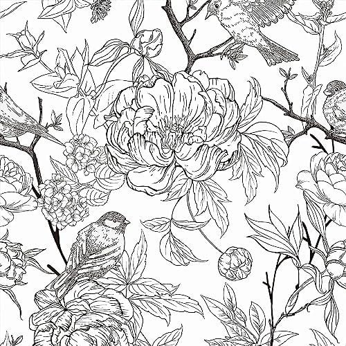 SOEWIOU Floral Peel and Stick Wallpaper,300 * 45cm Removable Waterproof Wallpaper Sketching Flowers and Birds Contact Paper for Nursery Home Decorations