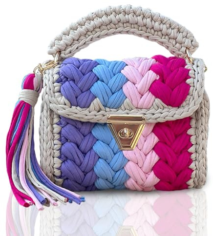 CHQEL Damen-Abendtasche, handgefertigte Häkeltasche für Hochzeit/Party, kleine Überschlag-Handtasche mit Kette