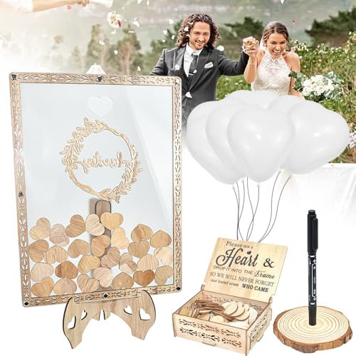 LANSKYLAN Gästebuch Hochzeit Holz Hochzeitsgästebuch Herz Hochzeitsdeko Herz Ständer 80 Holzherz 20 Herzballons Holzherzen Hochzeitsdeko zum Befüllen Marker Stifte Aufbewahrungsbox für Hochzeitdeko