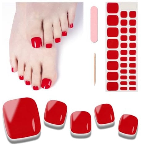Foyute Semi Cured Gel Nail Strips 32 Pcs,Toenail Wraps Soft Self-Adhesive Gel Pedicure Stickers Salon-Quality,Long Lasting,Easy to Apply & Remove,with Nail File & Wooden Cuticle Stick