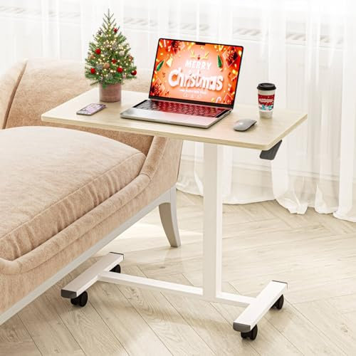 Dripex Pneumatic Height Adjustable Overbed Bedside Table with Wheels, 80 × 40 cm Standing C Shaped Laptop Desk, Small Rolling Bed & Sofa Side Table for Bedroom Living Room (Light Oak)