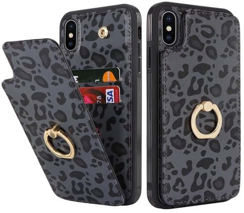 SailorTech für iPhone XS Max Handyhülle mit Kreditkartenhalter für Frauen, iPhone XS Max Hülle Ring-Ständer Kartenschlitze Standfunktion Modische Tasche für Männer - Schwarzer Leopard