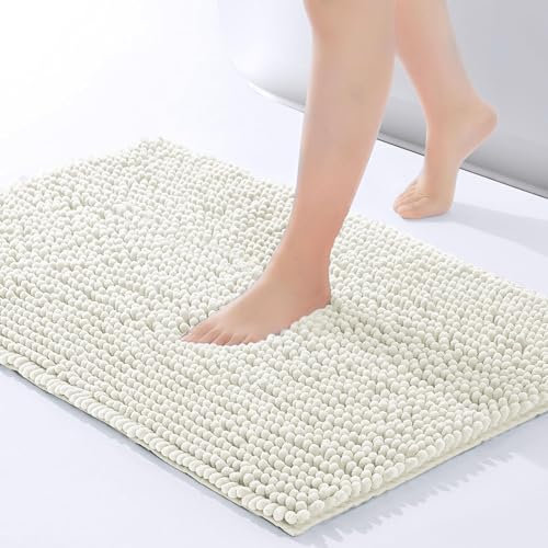 Imperial Rooms Bath Mat Non Slip Anti Mould – 40 x 60 cm White Chenille Shower Mat Machine Washable Bathroom Mat Super Absorbent Extra Soft Fluffy Bath Mats
