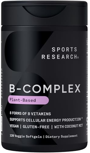 Sports Research® Vitamin B-Complex - Full Spectrum of B Vitamins with Methylated B12 & Folate - Gluten Free · Plant-Based · Non-GMO · Vegan-Friendly Formula - 120 Veggie Softgels