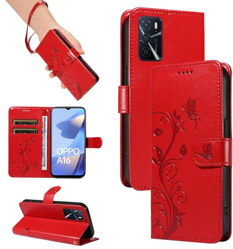 SRISHP Hülle für Oppo A16 / Oppo A16S / Oppo A54S Hülle, Premium PU Leder Handyhülle mit Band, Magnet Flip Case für Oppo A16 / A16S, Rot