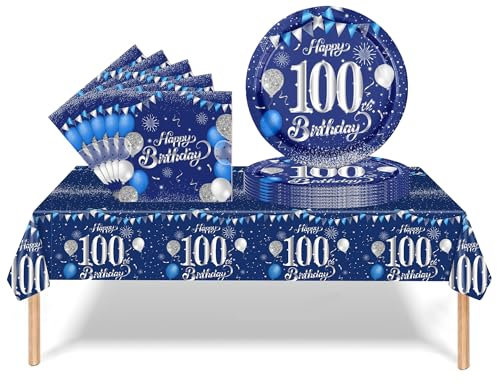 37Pcs 100th Birthday Tableware Set Navy Blue,100th Birthday Decorations with Party Paper Plates and Napkins,Plastic Table Cloth for Her His Women Men Happybirthday Table Decoration Dinnerware Supplies