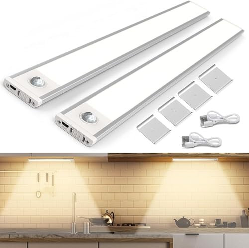 SIBI Unterbauleuchte Led 30cm 2 Stück, Schrankbeleuchtung mit Bewegungsmelder, USB Wiederaufladbar Schrankleuchte 93lm Led Leiste für Küche, Treppen, Schlafzimmer, 3000K