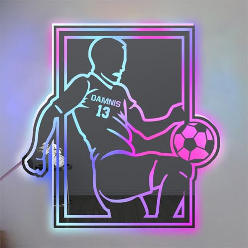 Personalized Soccer Football Player LED Mirror Light Up Sign,Custom Name Football Wall Art ,Customized Football Neon Light, Football Sports Décor for Bedroom,Christmas Birthday Football Kids Gift