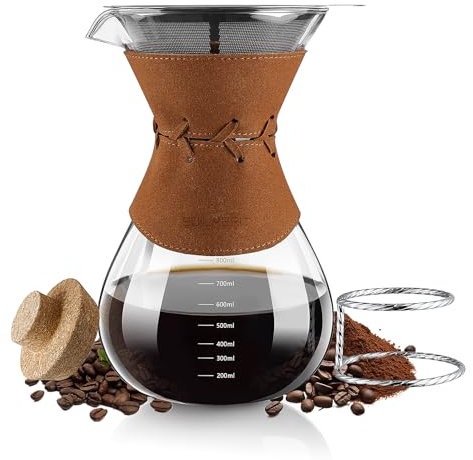 BOILMERIT Pour Over Coffee Maker Set with Double-Layer Stainless Steel Filter, 28 oz, 5-Cup Pour Over Coffee Pot with Leather Collar, Heat Resistant Glass Coffee Carafe Brewer with Cork Lid for Gifts