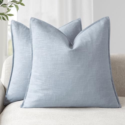 Foindtower 2er Set Kissenbezüge Dekorative Neutral Leinen Solide Boho Kissenbezug Farmhouse AWeiches Akzentkissenbezug für Stuhl Couch Sofa Schlafzimmer Wohnzimmer Dekokissen 45x45 cm Himmel blau