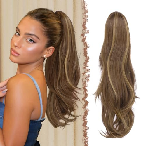 FESHFEN Zopf Pferdeschwanz mit Kordelzug, Natürlich Wellig Layered Haarteil Synthetik Honigblond gemischt Hellbraun Haarverlängerung Clip in Ponytail Haarextension Haarzopf für Damen, 50cm
