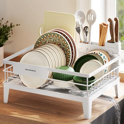 SONGMICS Abtropfgestell Geschirr, 360° drehbarer und ausziehbarer Ablauf | Geschirr-Abtropfständer, 31 x 42 x 18,5 cm, Abtropfschale, Besteckhalter, Küche, wolkenweiß, PATALLA Kollektion KCS550WG01