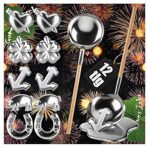 Wilhelm Sell® 12-teiliges Zinngießen-Set, Silvestergießen mit Holzgriff | Moderne & gesunde Alternative zum Bleigießen - Familienspaß für Silvester